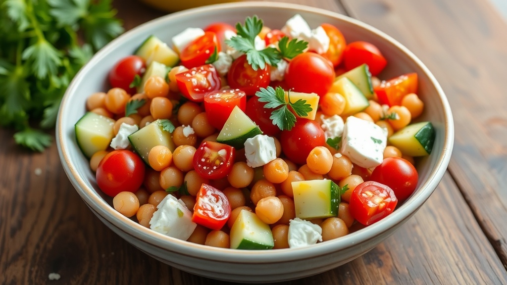 Refreshing Mediterranean Chickpea Salad Recipe A refreshing Mediterranean Chickpea Salad with cherry tomatoes, cucumbers, feta cheese, and parsley on a rustic table.